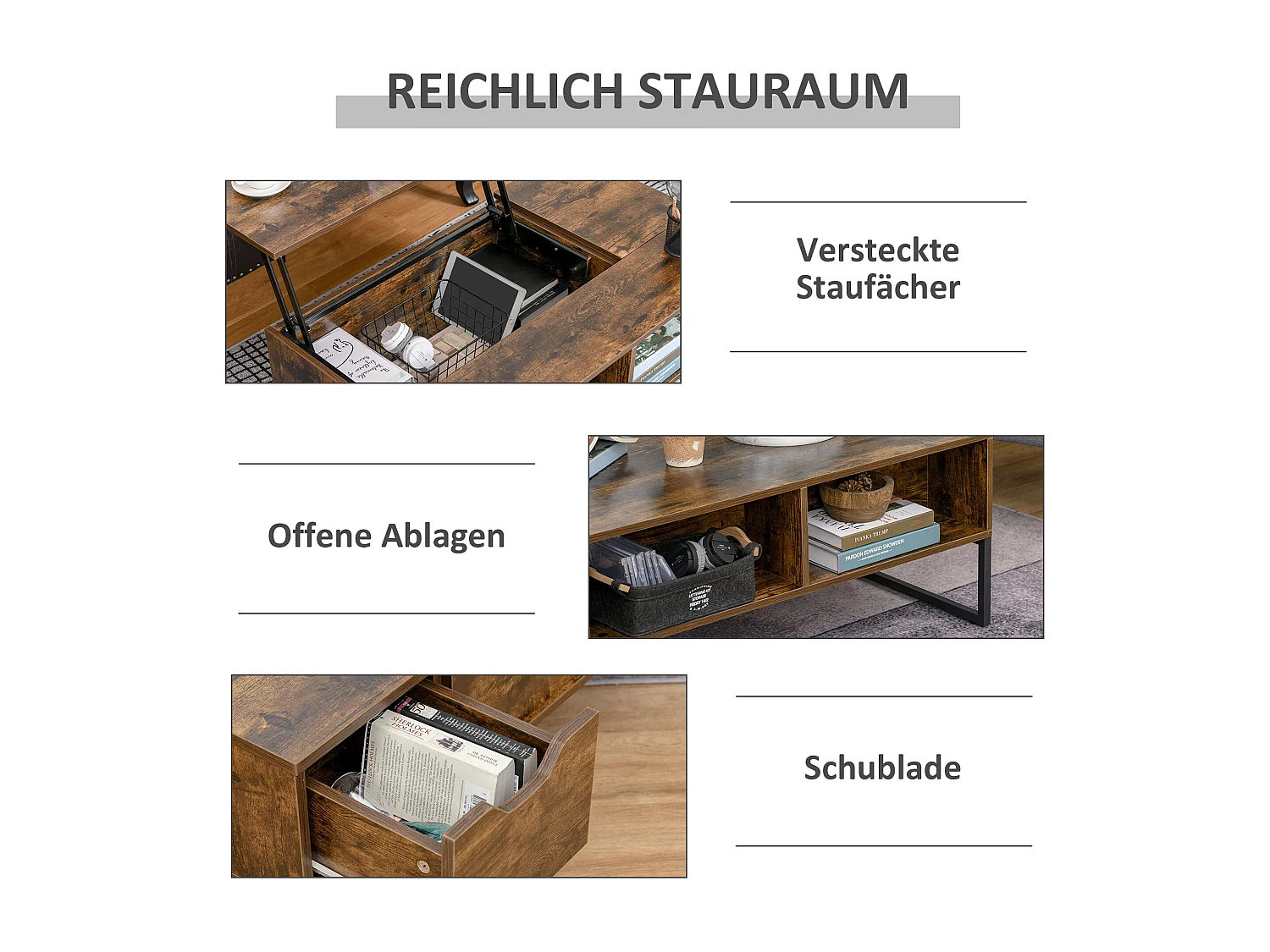 Table Basse, Plateau Réglable, Design Moderne, Bois, Marron (100x60x40 cm)