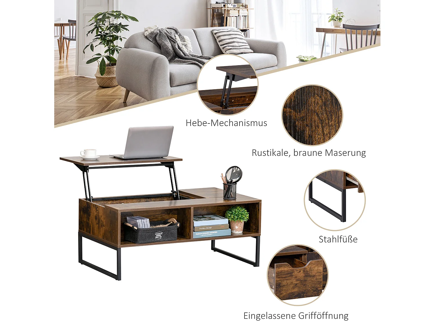 Table Basse, Plateau Réglable, Design Moderne, Bois, Marron (100x60x40 cm)