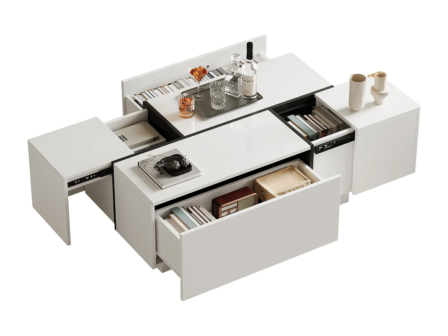 Table basse moderne avec 4 tiroirs, design patchwork hautement brillant, MDF, blanc et noir, (100x60x40 cm)