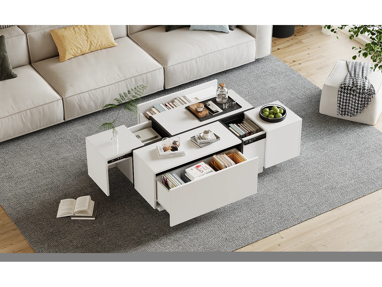 Table basse moderne avec 4 tiroirs, design patchwork hautement brillant, MDF, blanc et noir, (100x60x40 cm)