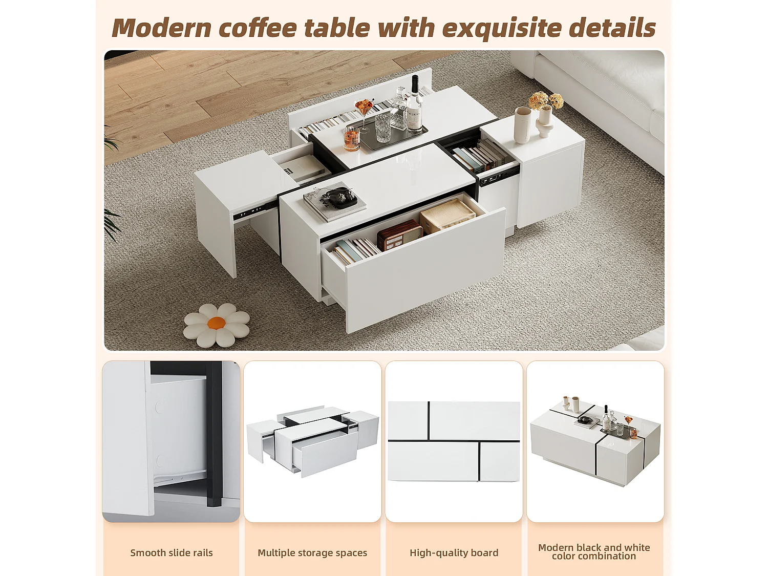 Table basse moderne avec 4 tiroirs, design patchwork hautement brillant, MDF, blanc et noir, (100x60x40 cm)