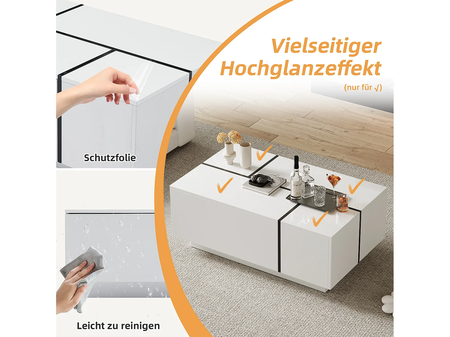 Table basse moderne avec 4 tiroirs, design patchwork hautement brillant, MDF, blanc et noir, (100x60x40 cm)