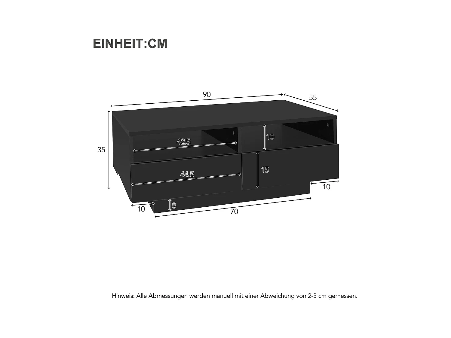 Table basse LED avec 4 tiroirs, design moderne, blanc, (90x55x35 cm)
