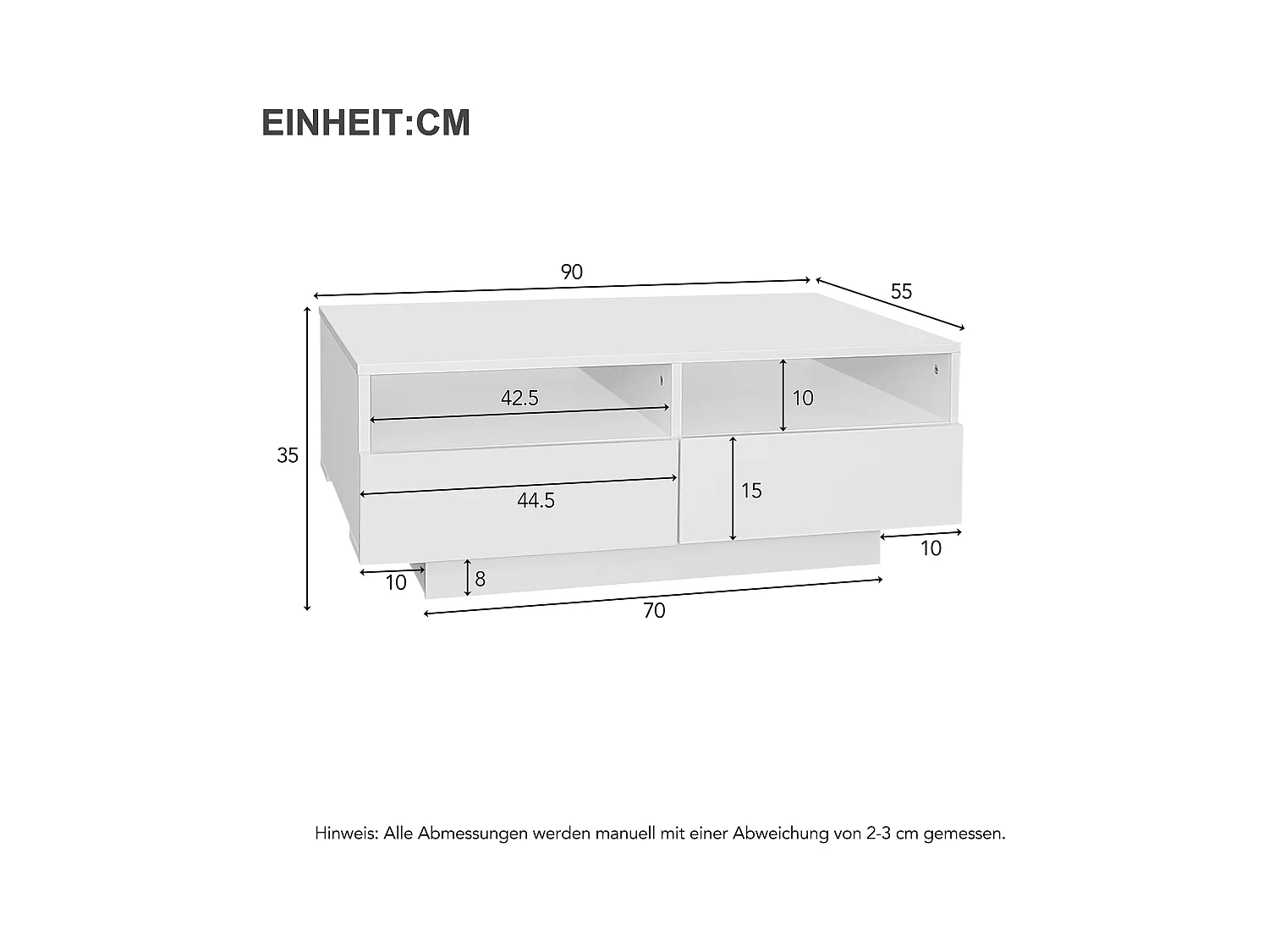 Table basse LED avec 4 tiroirs, design moderne, blanc, (90x55x35 cm)