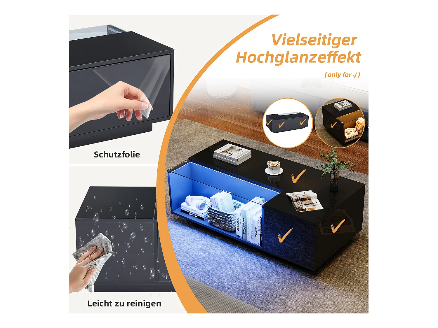 Table basse moderne avec LED, verre trempé et 2 tiroirs, noir brillant (100x50x35cm)