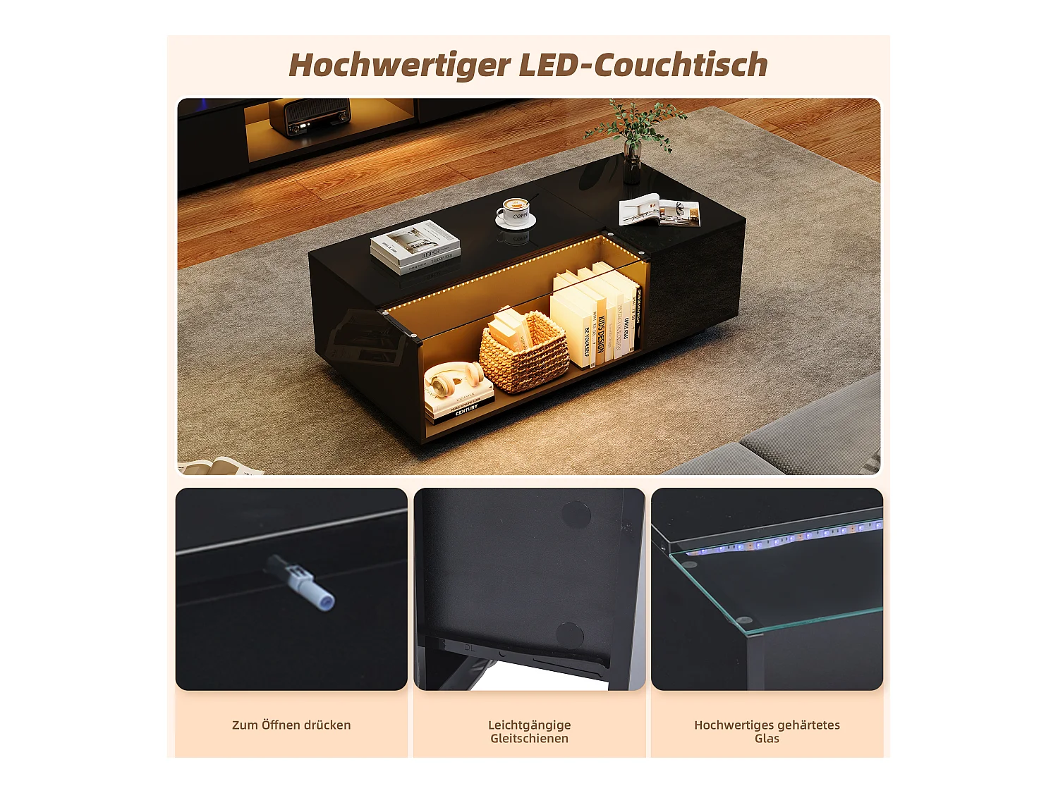 Table basse moderne avec LED, verre trempé et 2 tiroirs, noir brillant (100x50x35cm)