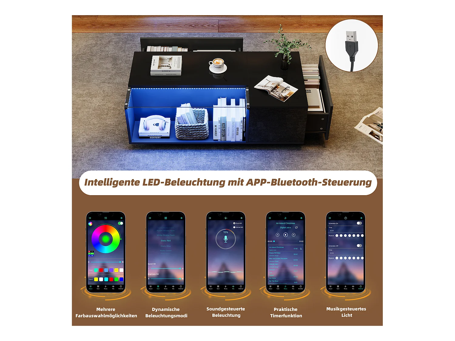 Table basse moderne avec LED, verre trempé et 2 tiroirs, noir brillant (100x50x35cm)