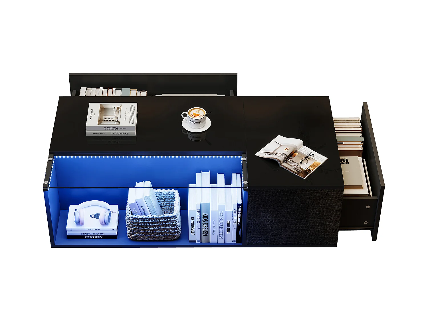 Table basse moderne avec LED, verre trempé et 2 tiroirs, noir brillant (100x50x35cm)