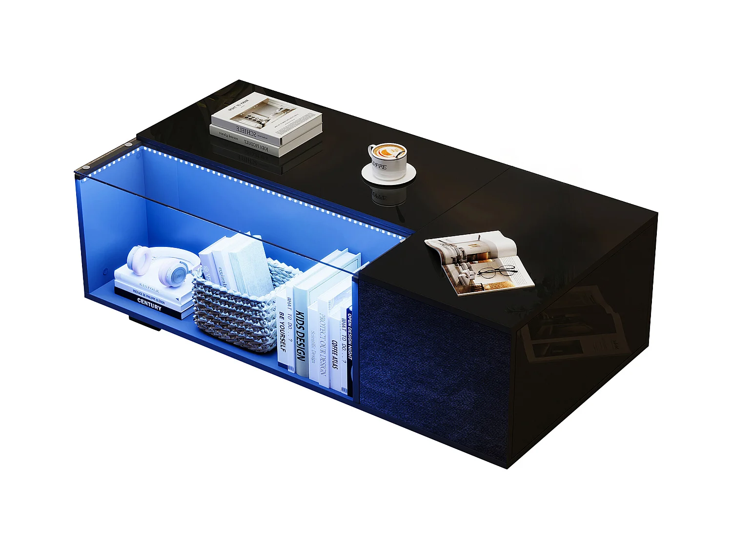 Table basse moderne avec LED, verre trempé et 2 tiroirs, noir brillant (100x50x35cm)