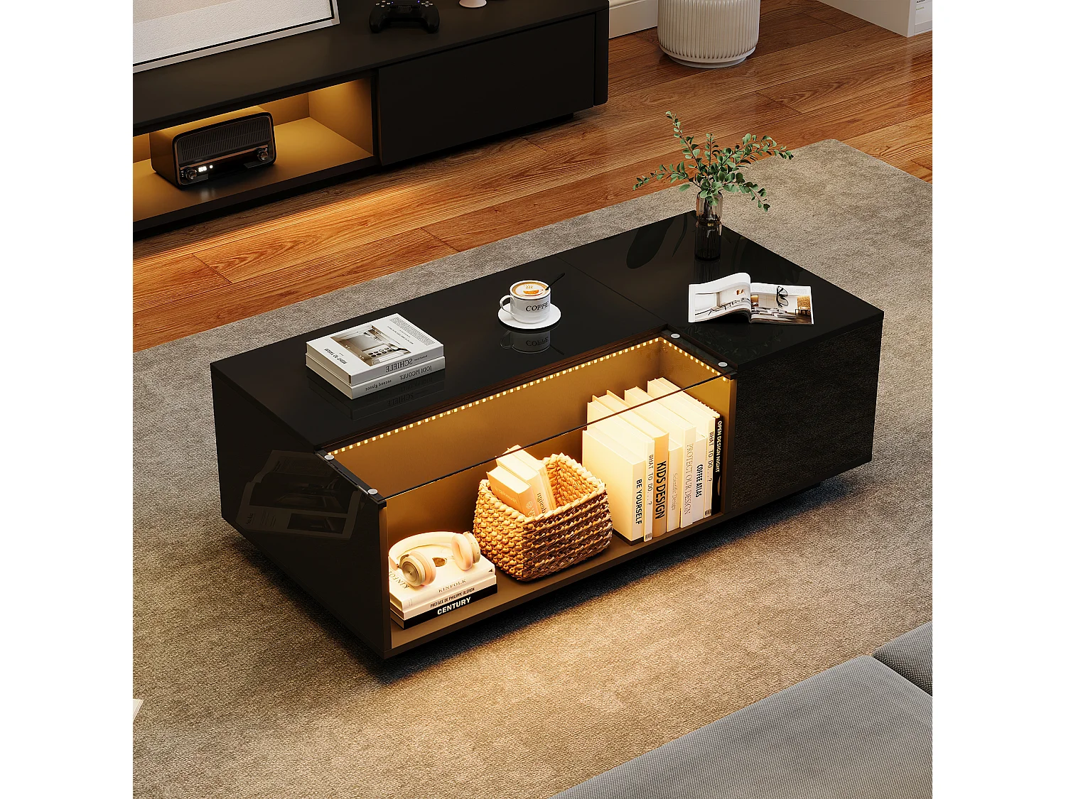 Table basse moderne avec LED, verre trempé et 2 tiroirs, noir brillant (100x50x35cm)