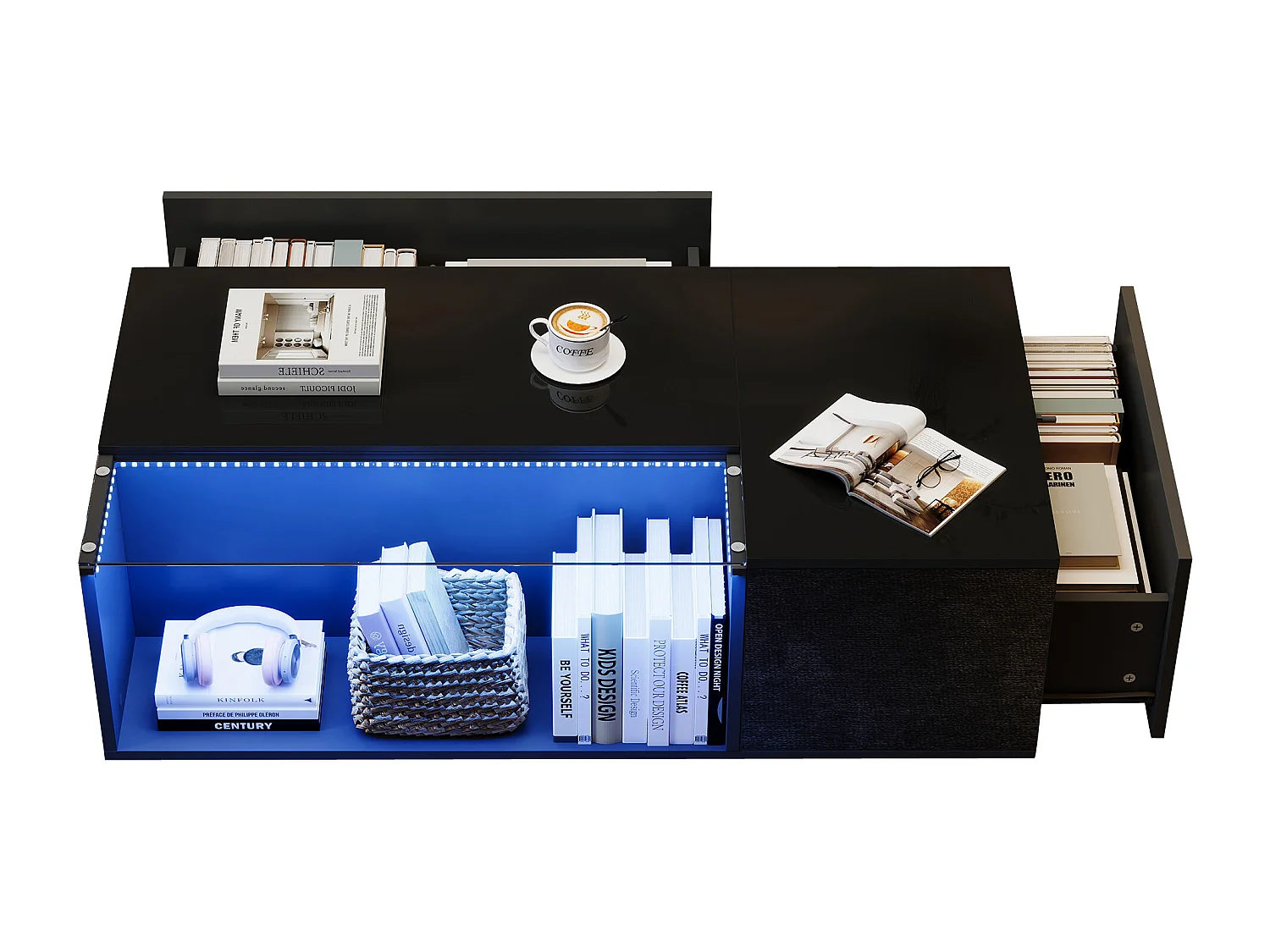 Table basse moderne avec LED, verre trempé et 2 tiroirs, noir brillant (100x50x35cm)