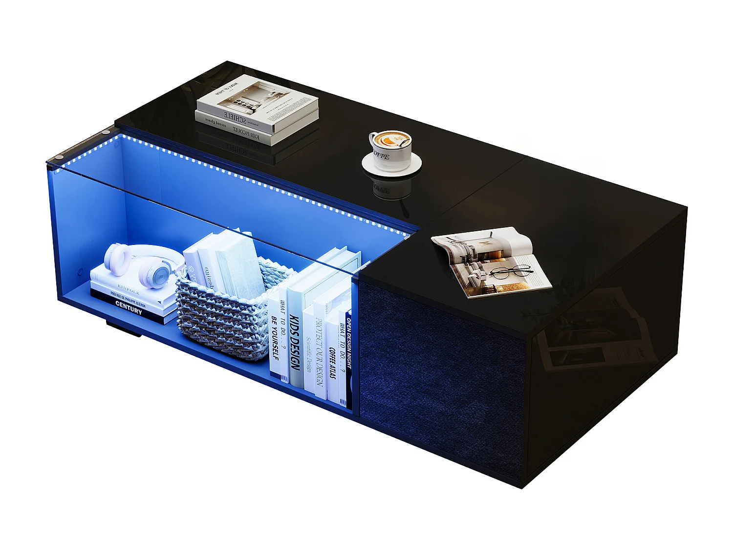 Table basse moderne avec LED, verre trempé et 2 tiroirs, noir brillant (100x50x35cm)