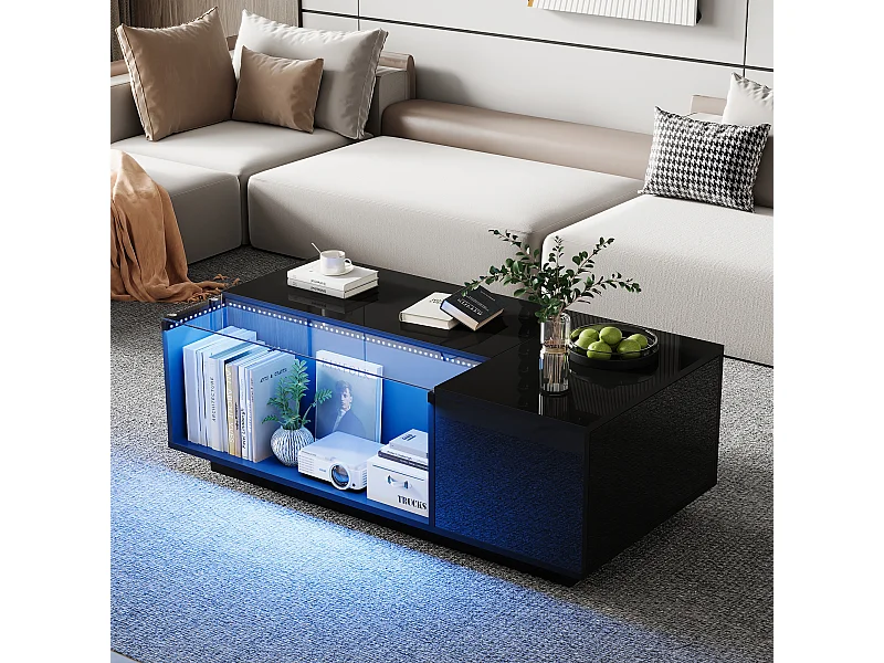 Tavolino moderno con LED, vetro temperato e 2 cassetti, nero lucido (100x50x35cm)