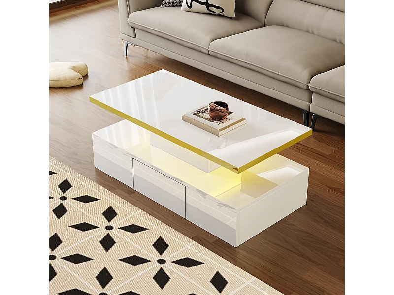 Mesa de centro con 2 cajones, acabado alto brillo, 2 niveles de almacenaje y luz LED, color blanco (100x50x38,5 cm)