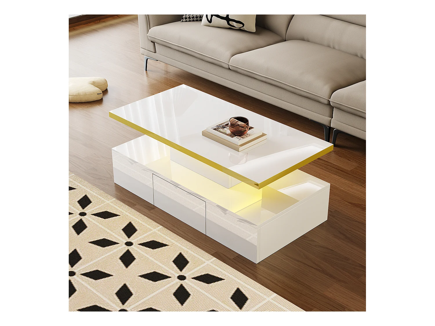 Table basse avec 2 tiroirs, finition haute brillance, 2 niveaux de rangement et lumière LED, blanc (100x50x38.5 cm)