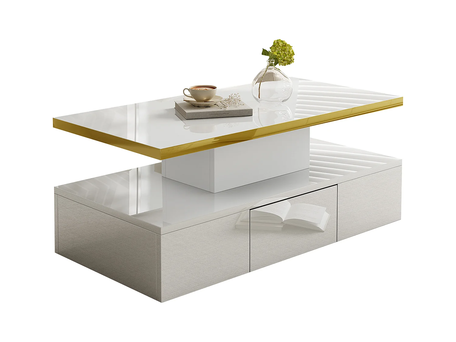 Table basse avec 2 tiroirs, finition haute brillance, 2 niveaux de rangement et lumière LED, blanc (100x50x38.5 cm)