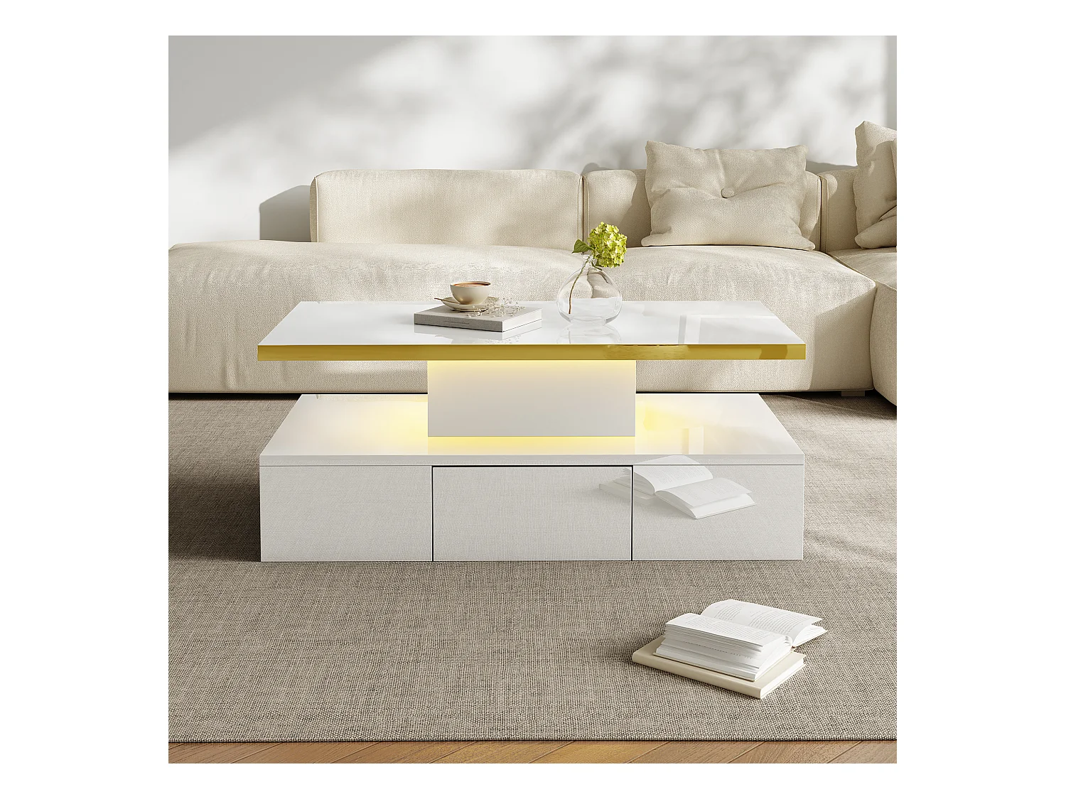 Table basse avec 2 tiroirs, finition haute brillance, 2 niveaux de rangement et lumière LED, blanc (100x50x38.5 cm)