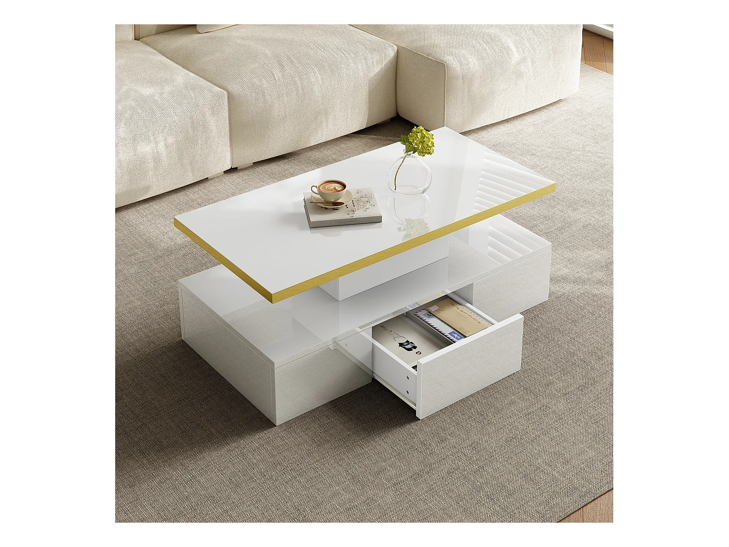 Table basse avec 2 tiroirs, finition haute brillance, 2 niveaux de rangement et lumière LED, blanc (100x50x38.5 cm)