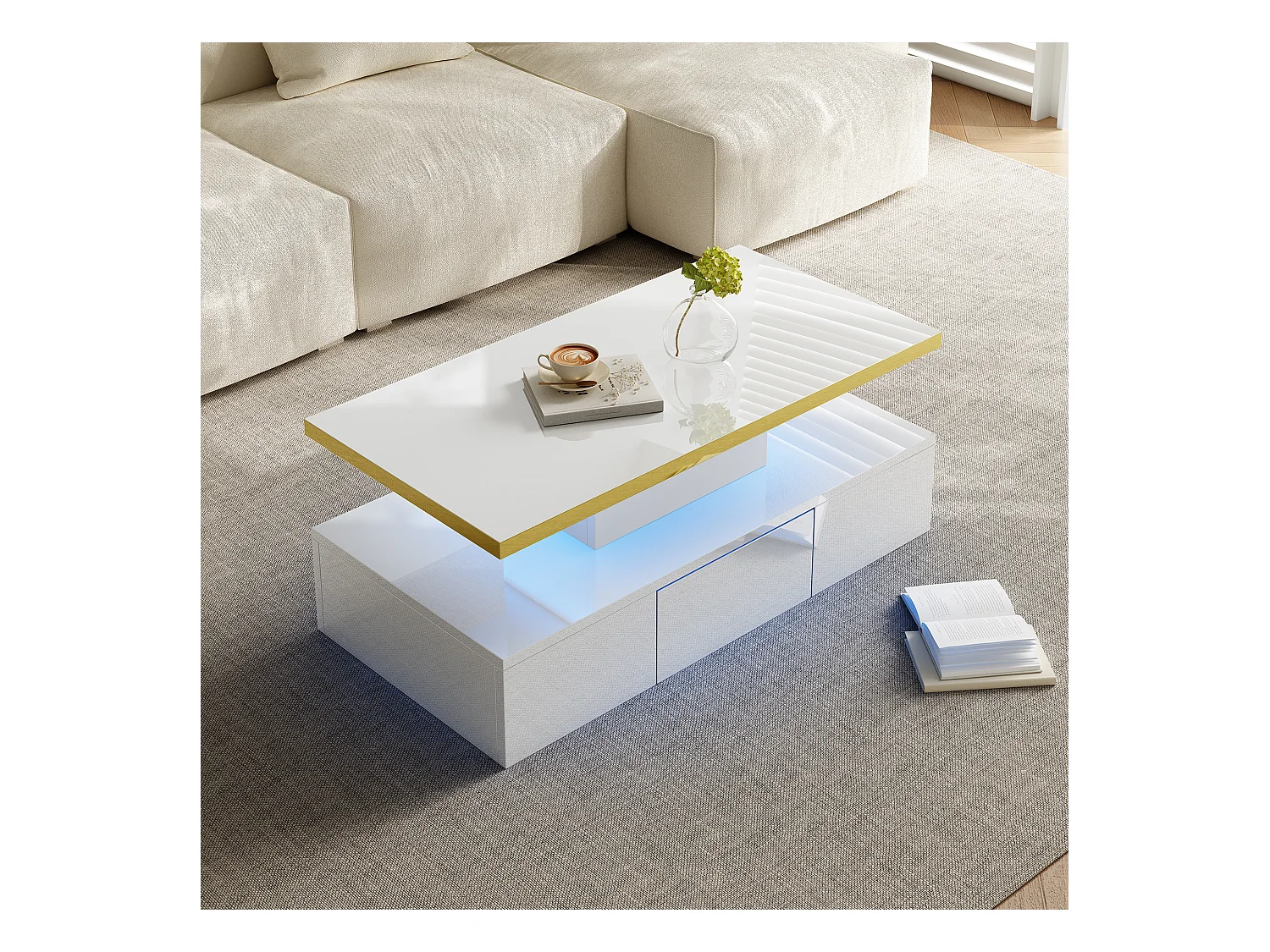 Table basse avec 2 tiroirs, finition haute brillance, 2 niveaux de rangement et lumière LED, blanc (100x50x38.5 cm)