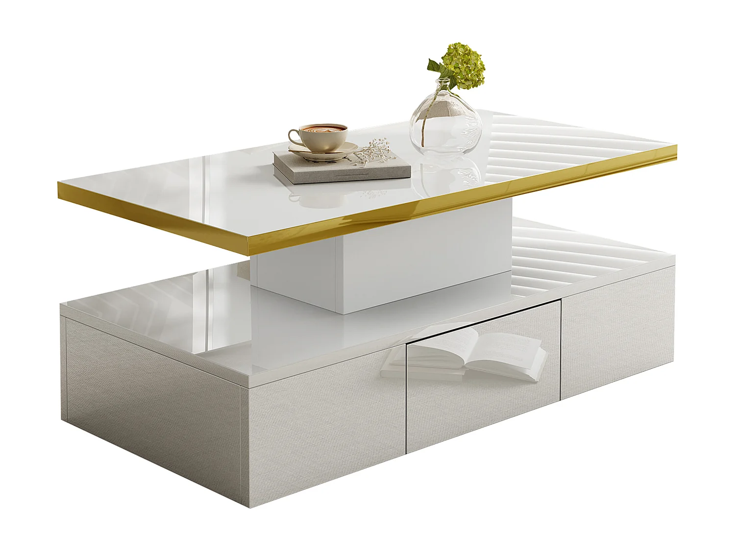 Tavolino con 2 cassetti, finitura lucida, 2 ripiani e luce LED, bianco (100x50x38,5 cm)