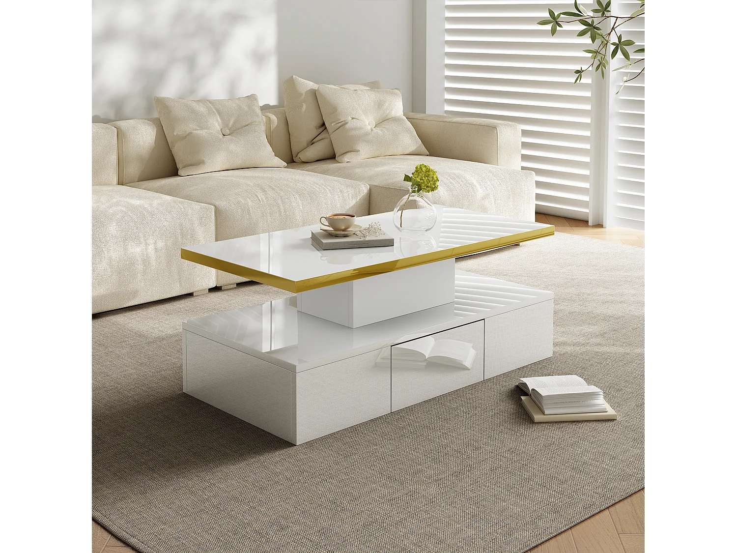 Tavolino con 2 cassetti, finitura lucida, 2 ripiani e luce LED, bianco (100x50x38,5 cm)