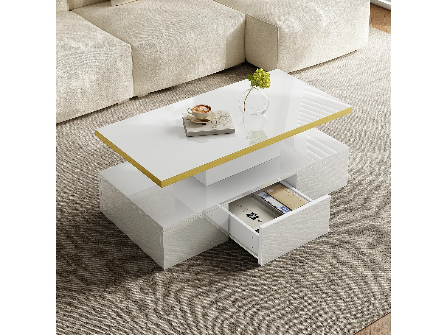 Tavolino con 2 cassetti, finitura lucida, 2 ripiani e luce LED, bianco (100x50x38,5 cm)