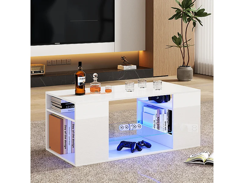 Table basse blanche brillante avec LED, verre et rangements, panneaux de particules (96x45x45cm)