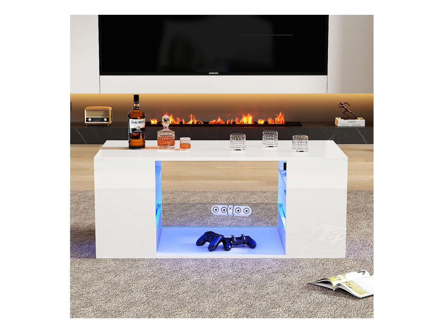 Table basse blanche brillante avec LED, verre et rangements, panneaux de particules (96x45x45cm)