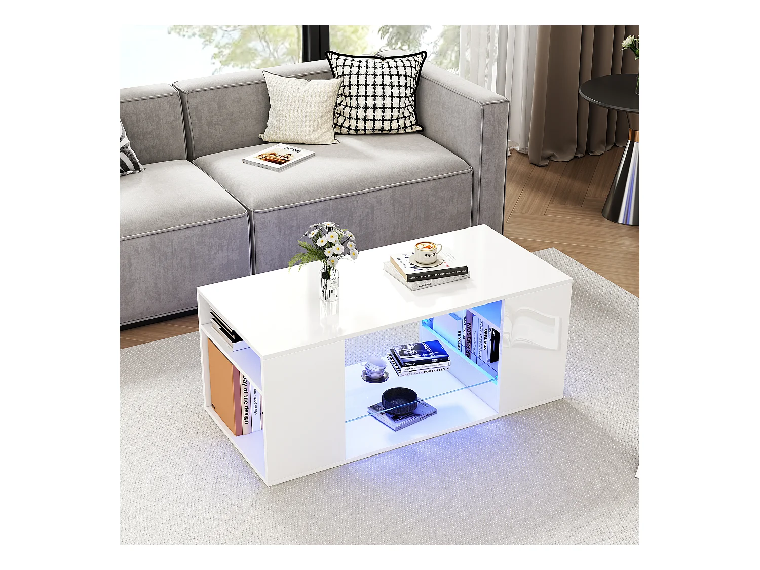 Table basse blanche brillante avec LED, verre et rangements, panneaux de particules (96x45x45cm)