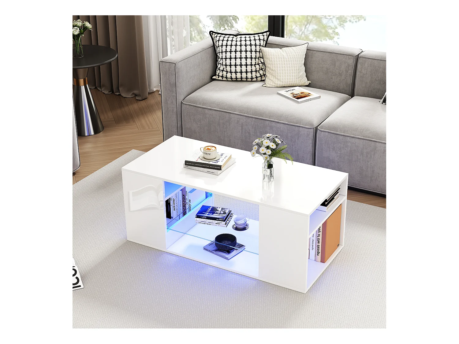 Table basse blanche brillante avec LED, verre et rangements, panneaux de particules (96x45x45cm)
