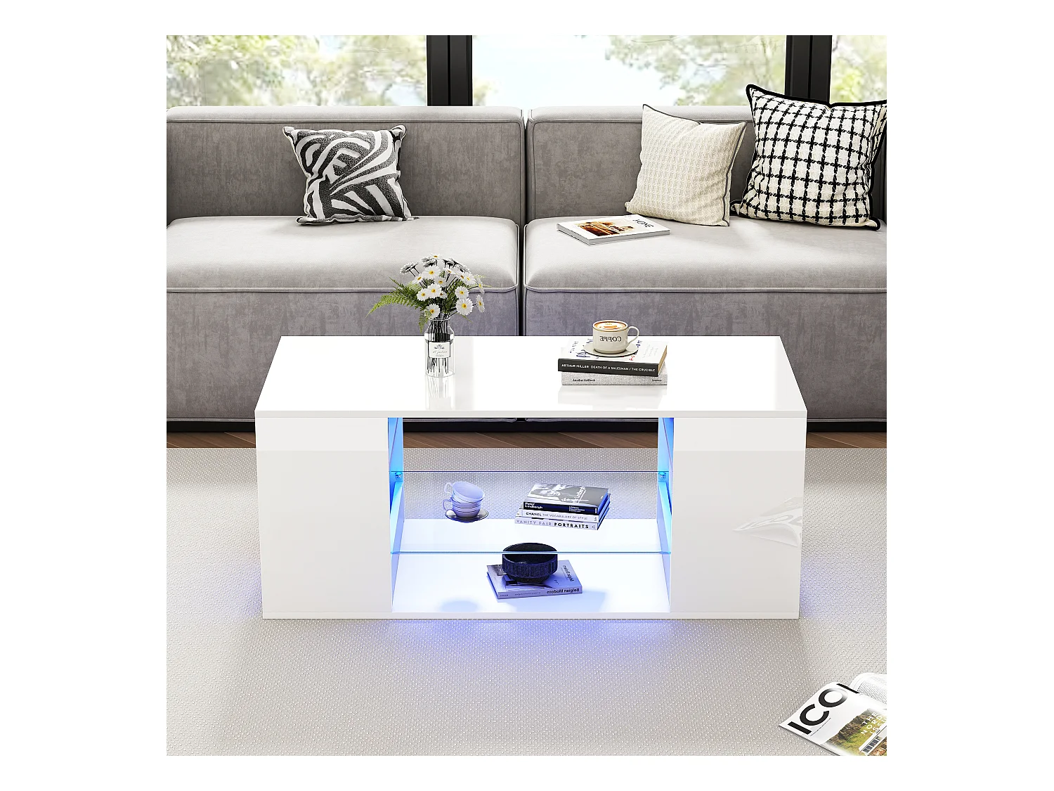 Table basse blanche brillante avec LED, verre et rangements, panneaux de particules (96x45x45cm)