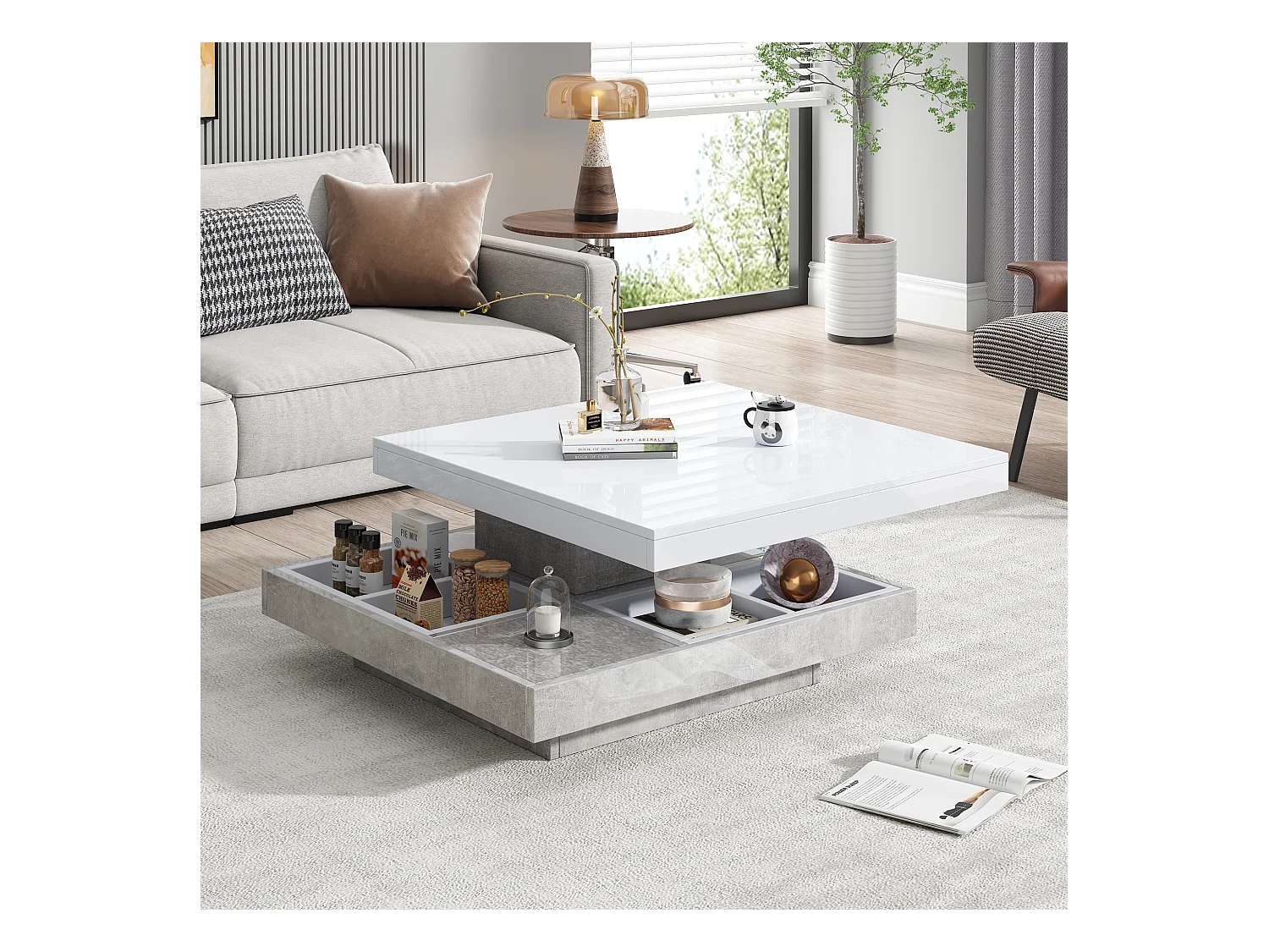 Table basse fonctionnelle avec plateau rotatif 360°, MDF blanc et effet marbre, (70x70x36 cm)