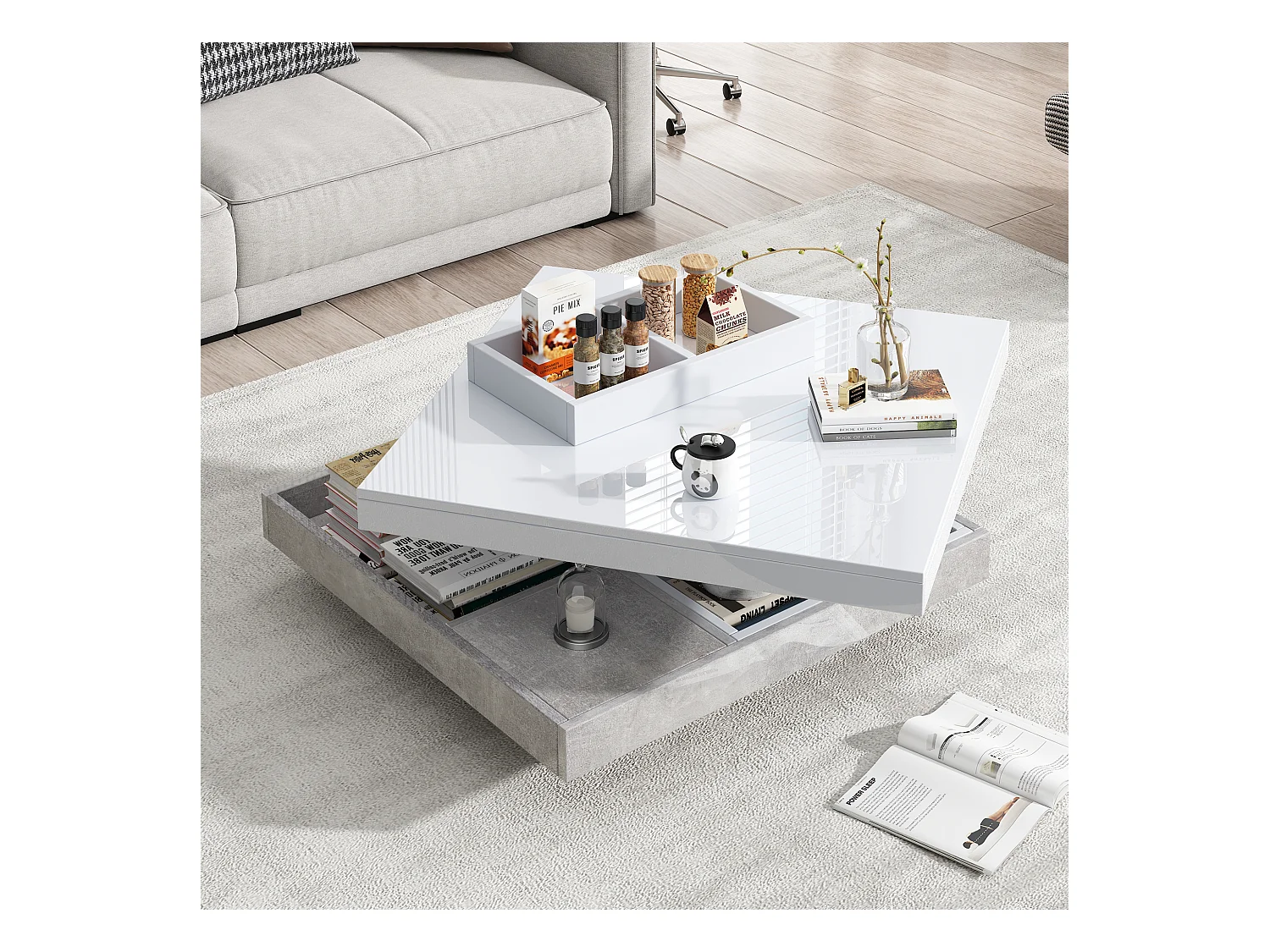 Table basse fonctionnelle avec plateau rotatif 360°, MDF blanc et effet marbre, (70x70x36 cm)