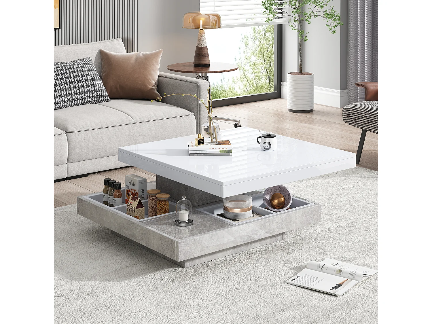 Table basse fonctionnelle avec plateau rotatif 360°, MDF blanc et effet marbre, (70x70x36 cm)