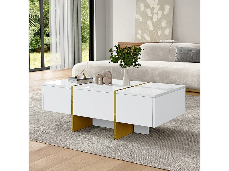 Tavolino moderno laccato, 4 cassetti portaoggetti, MDF, bianco (100x50x35 cm)