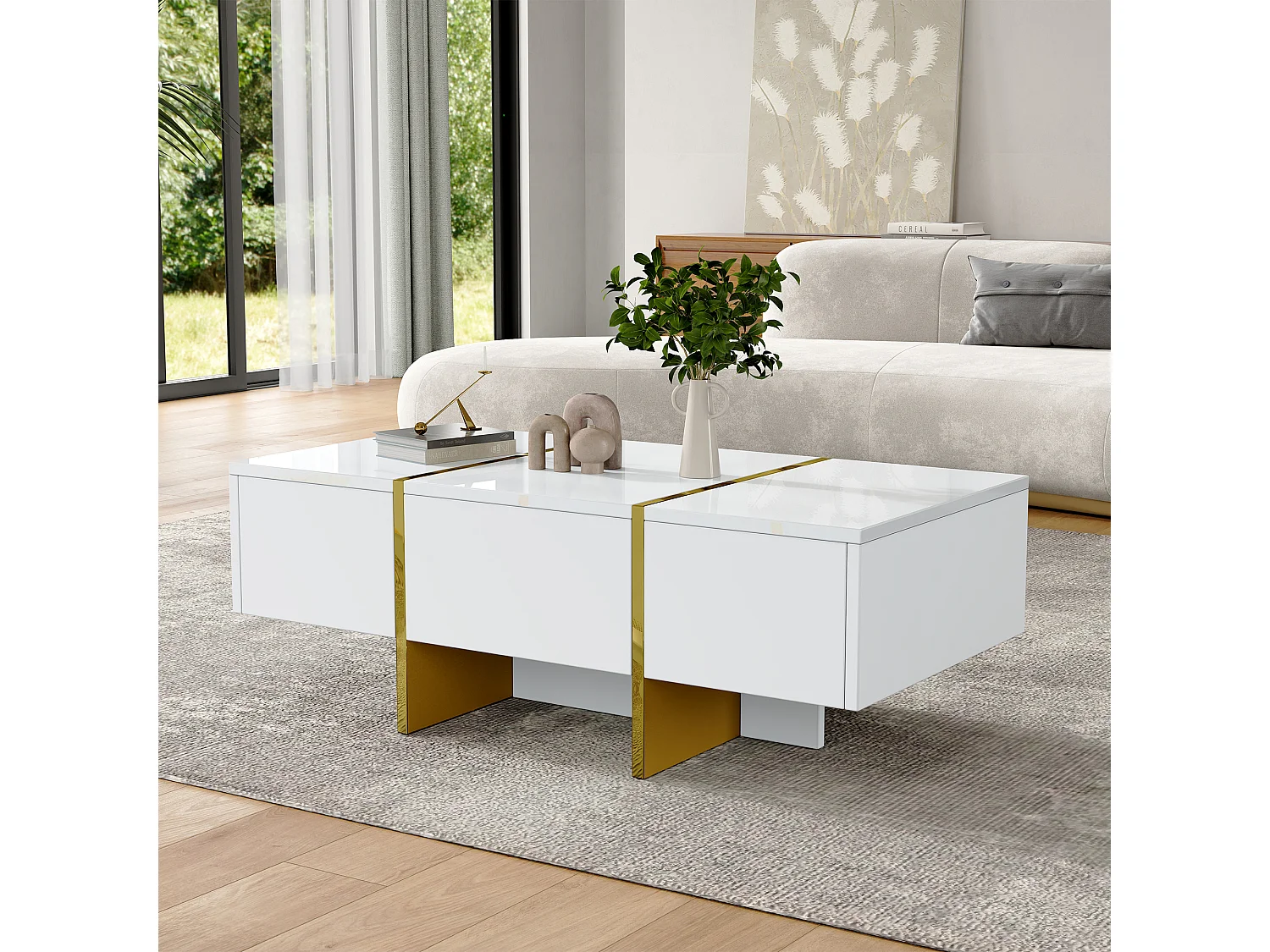 Tavolino moderno laccato, 4 cassetti portaoggetti, MDF, bianco (100x50x35 cm)