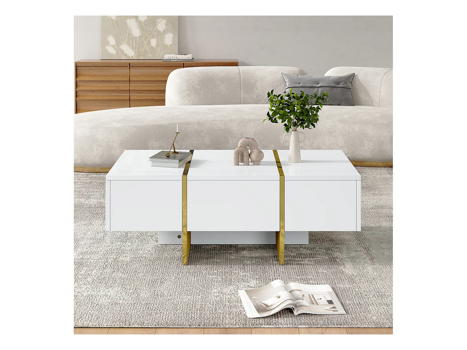 Tavolino moderno laccato, 4 cassetti portaoggetti, MDF, bianco (100x50x35 cm)