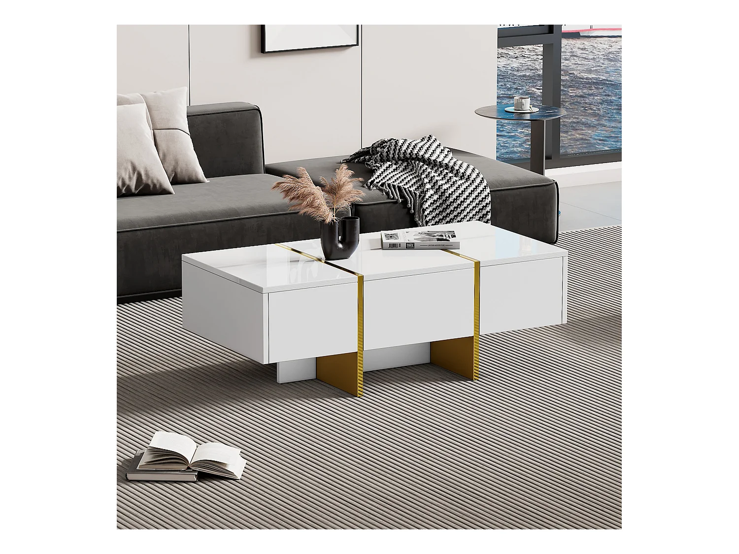 Tavolino moderno laccato, 4 cassetti portaoggetti, MDF, bianco (100x50x35 cm)