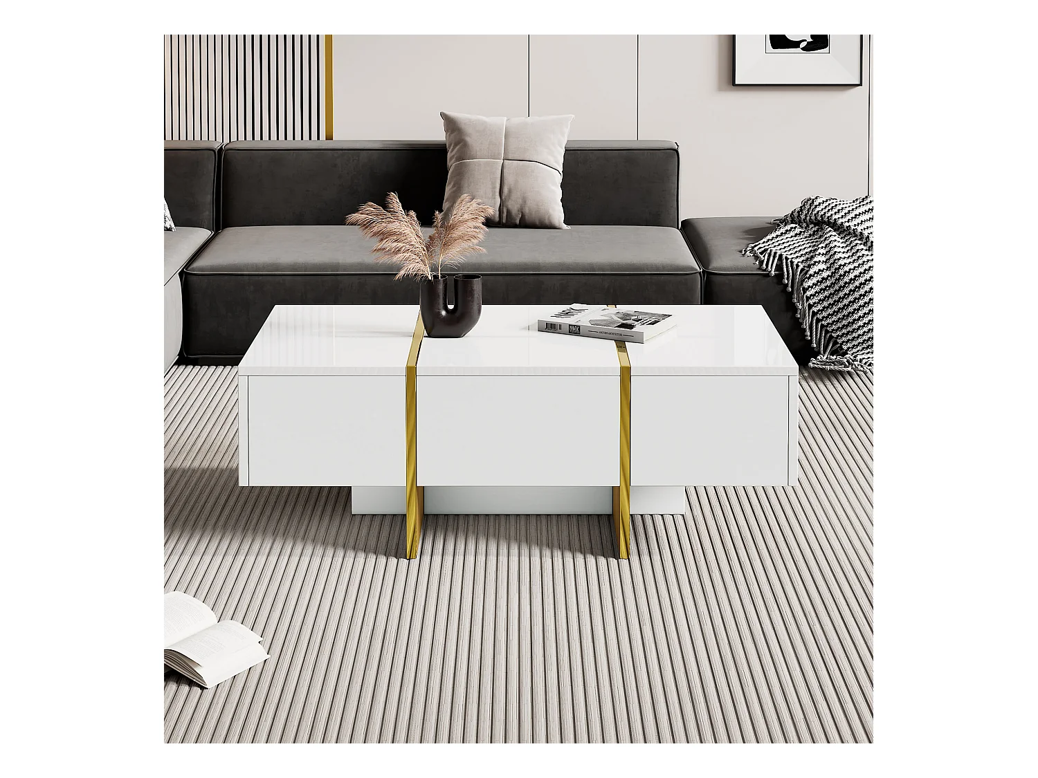 Tavolino moderno laccato, 4 cassetti portaoggetti, MDF, bianco (100x50x35 cm)