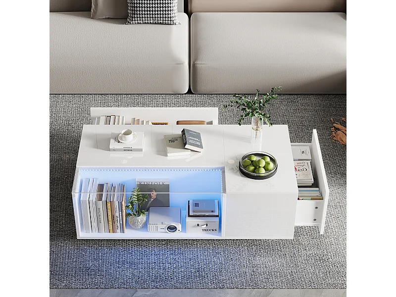 Tavolino moderno con LED, vetro temperato e 2 cassetti, bianco lucido (100x50x35cm)