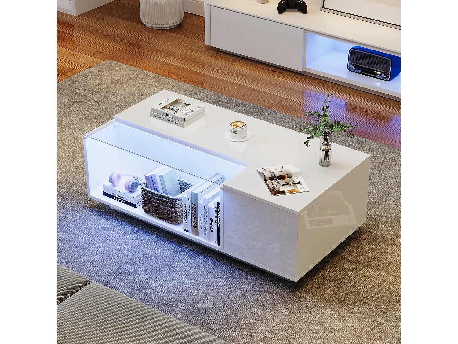 Tavolino moderno con LED, vetro temperato e 2 cassetti, bianco lucido (100x50x35cm)