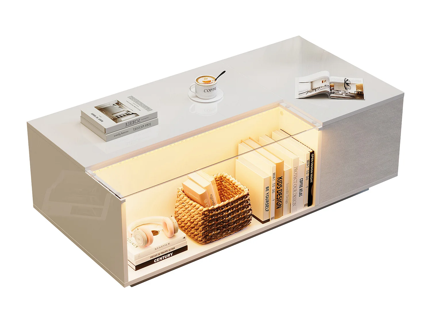 Tavolino moderno con LED, vetro temperato e 2 cassetti, bianco lucido (100x50x35cm)