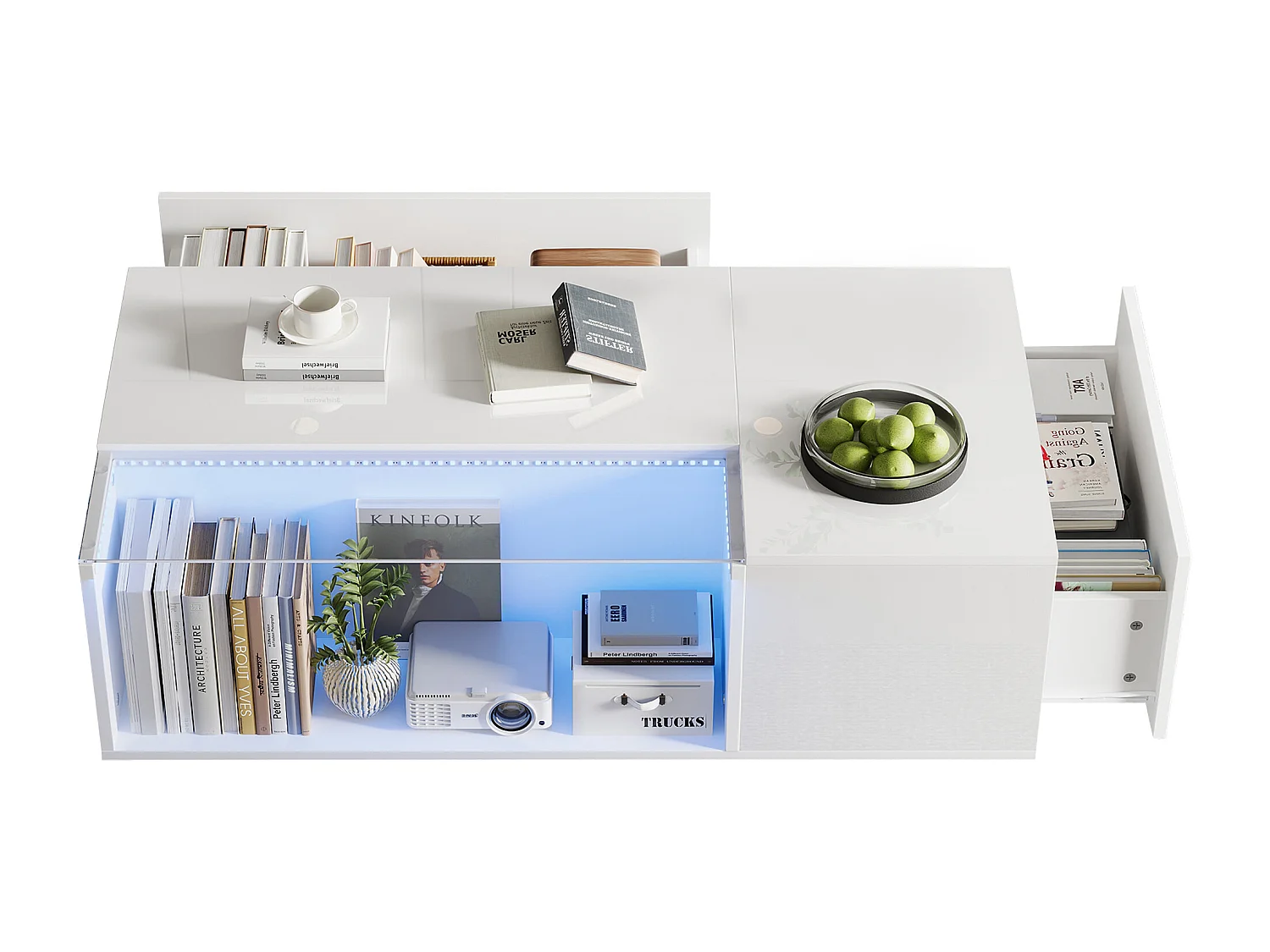 Tavolino moderno con LED, vetro temperato e 2 cassetti, bianco lucido (100x50x35cm)