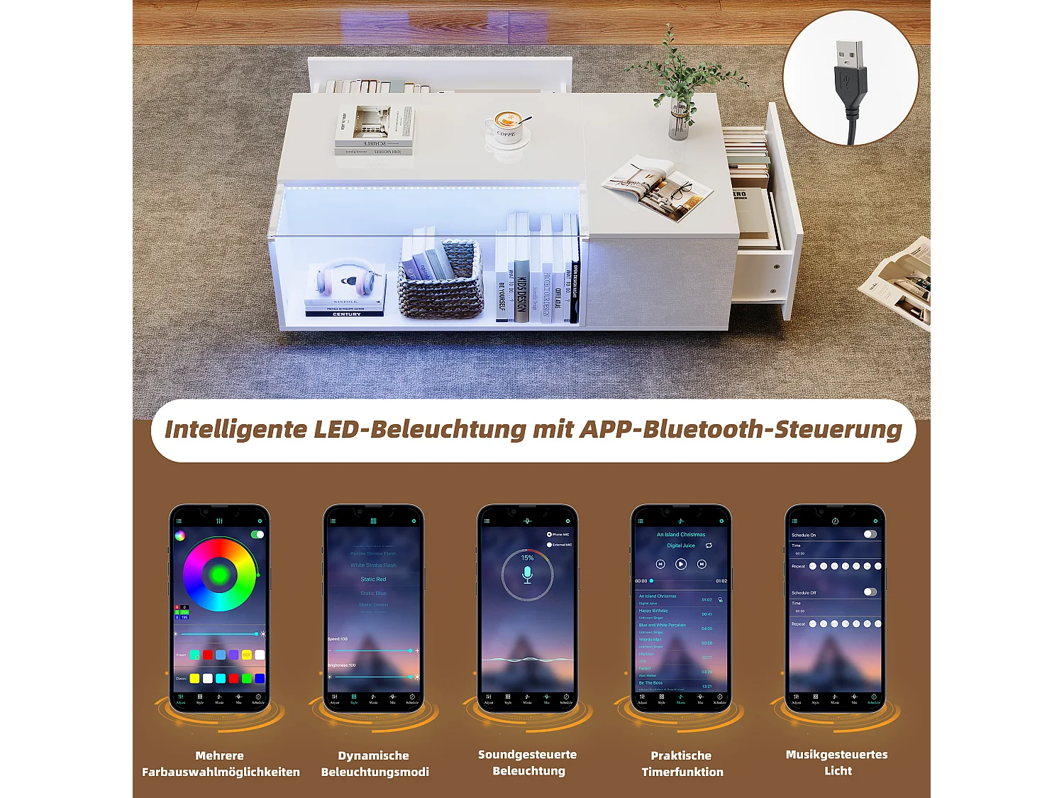 Tavolino moderno con LED, vetro temperato e 2 cassetti, bianco lucido (100x50x35cm)