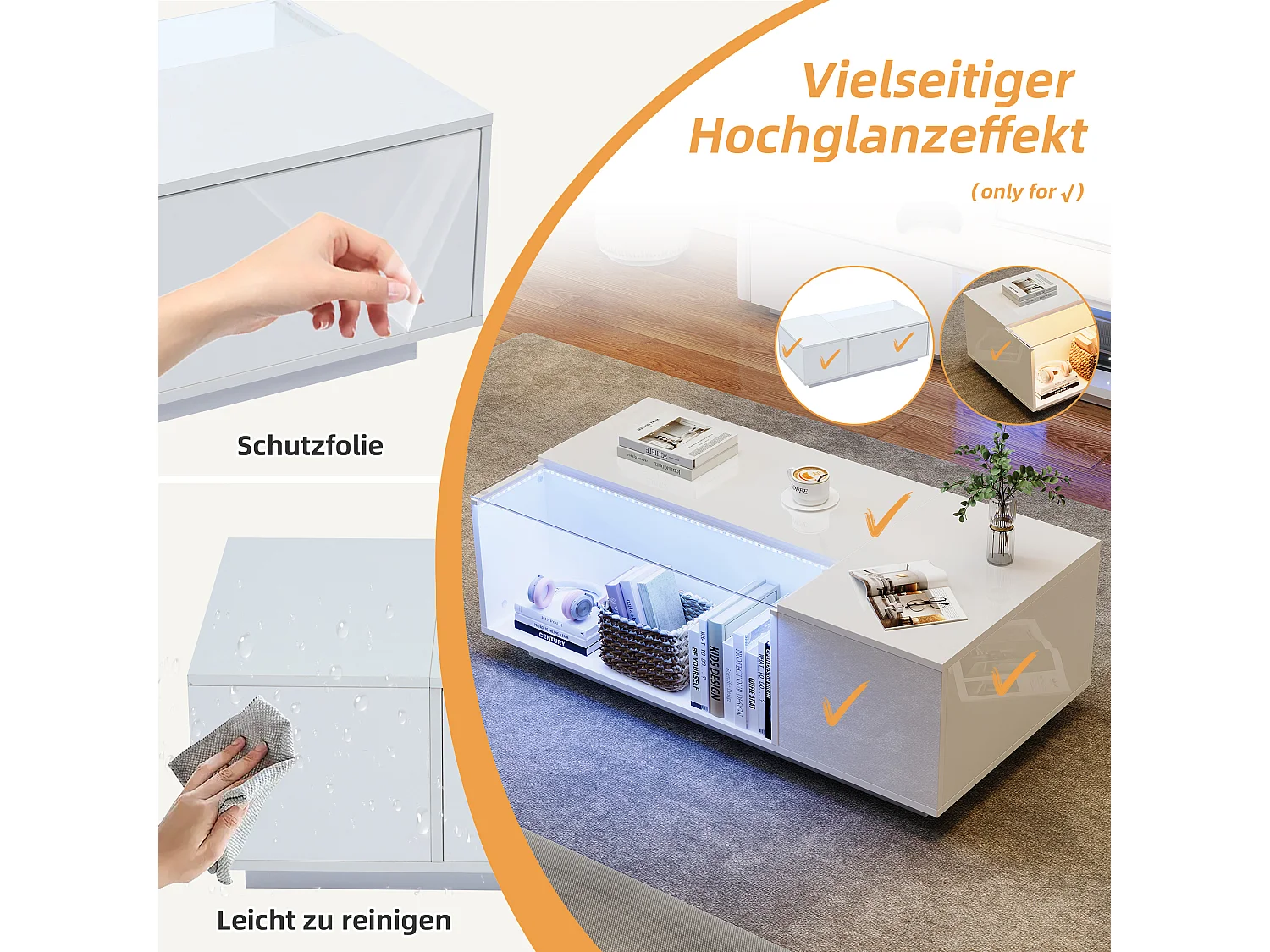 Tavolino moderno con LED, vetro temperato e 2 cassetti, bianco lucido (100x50x35cm)