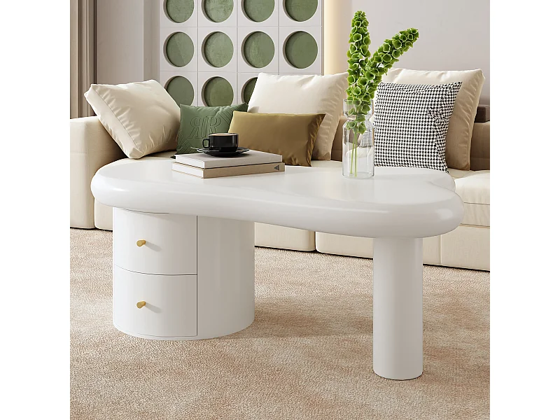 Tavolino moderno, forma irregolare, 2 cassetti, MDF, bianco, (97x64x42 cm)