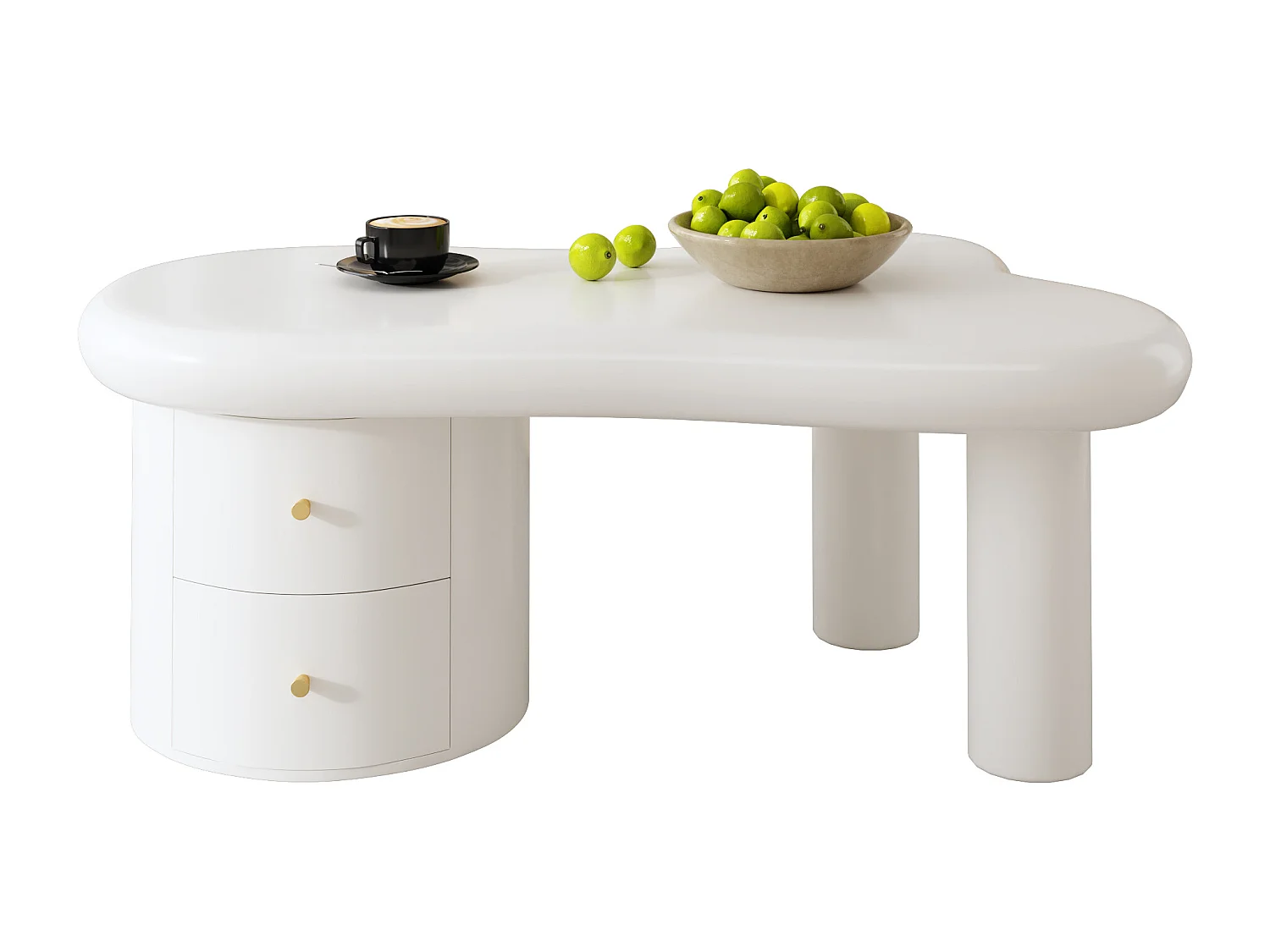 Table Basse Moderne, Forme Irrégulière, 2 Tiroirs, MDF, Blanc, (97x64x42 cm)