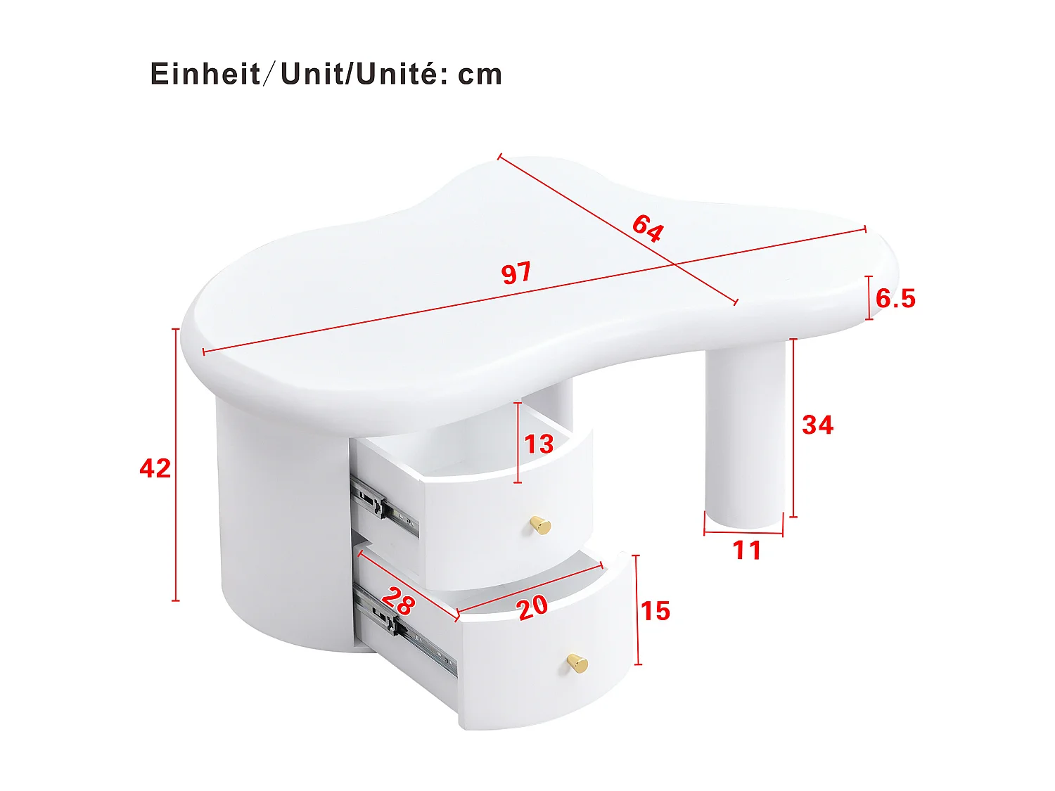 Table Basse Moderne, Forme Irrégulière, 2 Tiroirs, MDF, Blanc, (97x64x42 cm)
