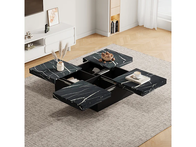 Tavolino da caffè moderno quadrato effetto marmo, in truciolato, nero, con 4 cassetti e piano estraibile (90x90x25 cm)