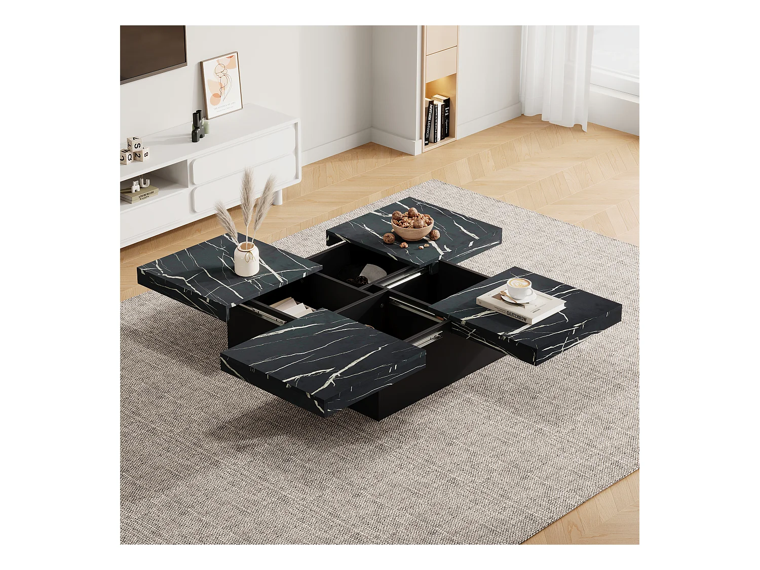 Table basse carrée moderne à effet marbre, panneau de particules, noir, avec 4 tiroirs et plateau coulissant (90x90x25cm)